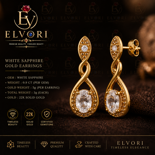 22K Gold White Sapphire Drop Earrings (3g Each) – 0.90 CT Natural White Sapphire